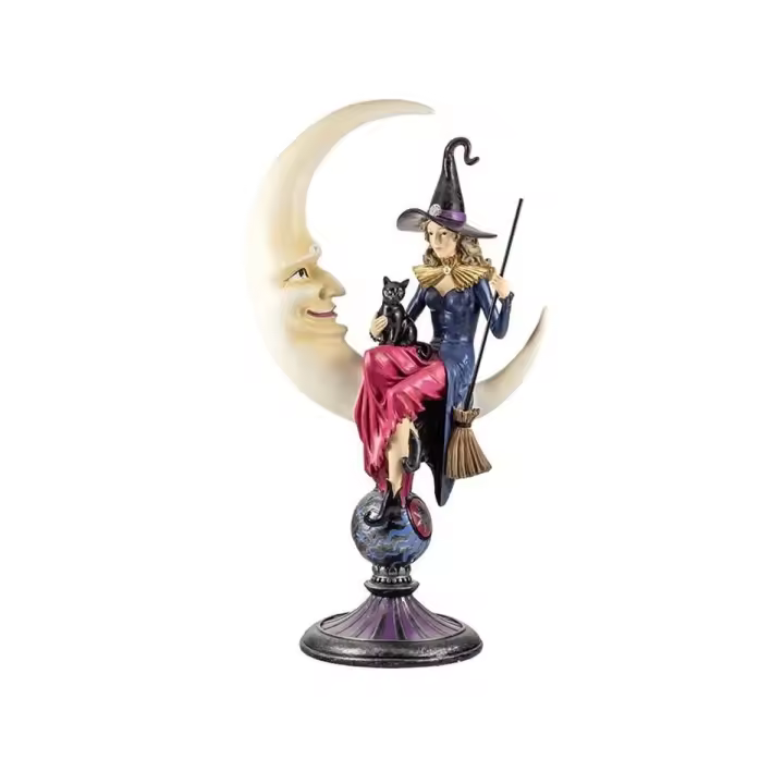 Bruja figura 52 cm. sentada sobre luna imagen resina gato negro escoba - 1
