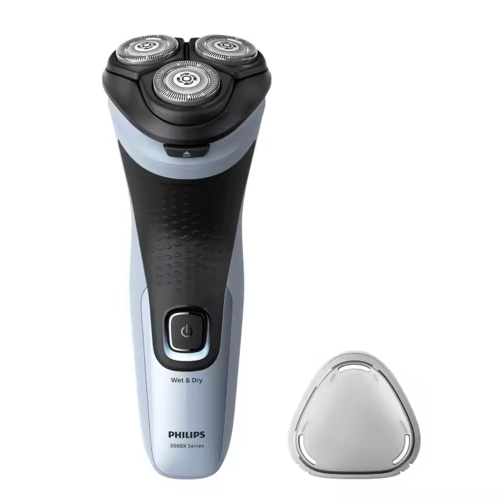 Philips Afeitadora S3000X | Uso en Seco y Mojado; Sistema de Cuchillas PowerCut; Cabezales flexibles 4D; Afeitado 40min / 1h de carga; Carga rápida 5min; 1 LED; Corta Patillas; Sólo sin cable; Carga USB-A; NiMh. Color Azul Celeste (X3003/00) - 1