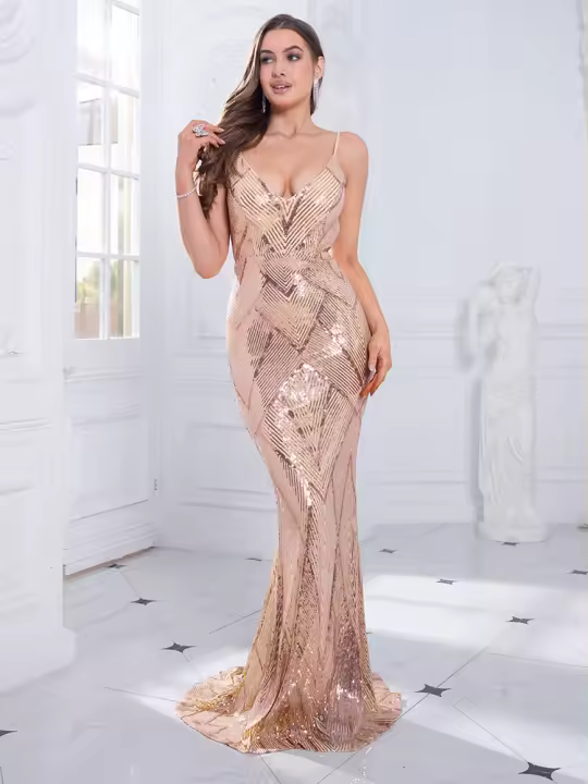 Vestido De Noche Sin Mangas Y Espalda Descubierta Dorado Rojo Slim V Neck Mermaid Prom Traje De Baño De Encaje Para Mujer - 1