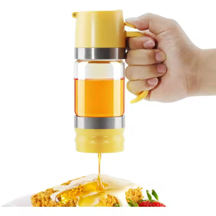 Tarro dispensador de miel de vidrio, antigoteo, de 9 oz, con asa, dispensador de jarabe para café o té, amarillo - 1
