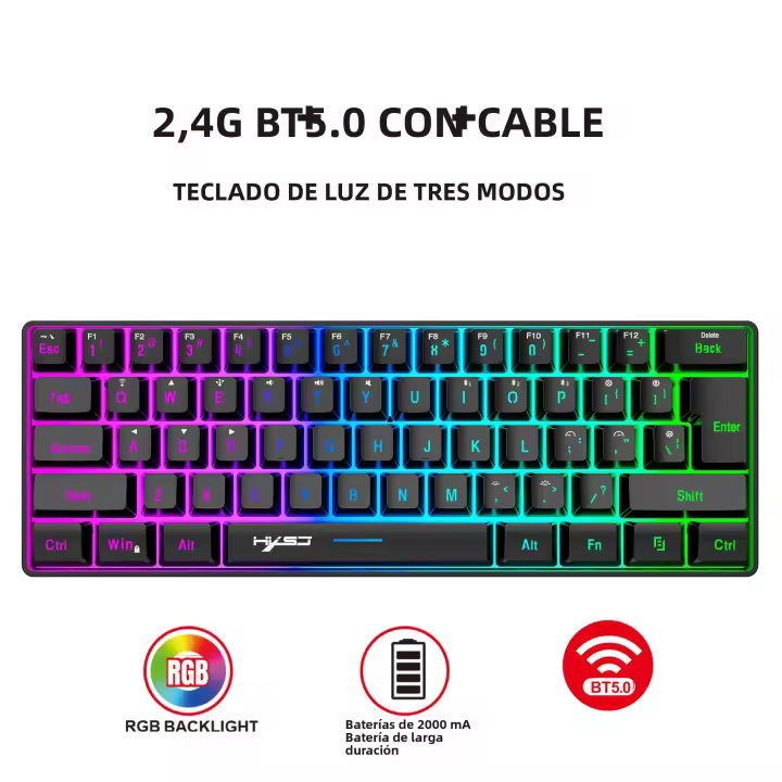Teclado Membránico Compacto HXSJ L500 60% 3 Modos RGB Retroiluminado ABS Recargable 2000mA Con Tipo-c Para Juego Y Oficina - 1