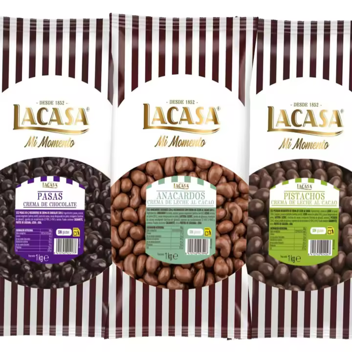 Lacasa Pack 3kg de bolas: Pasas de Corinto con chocolate Negro,Anacardo leche,Pistachos con chocolate Leche - 1