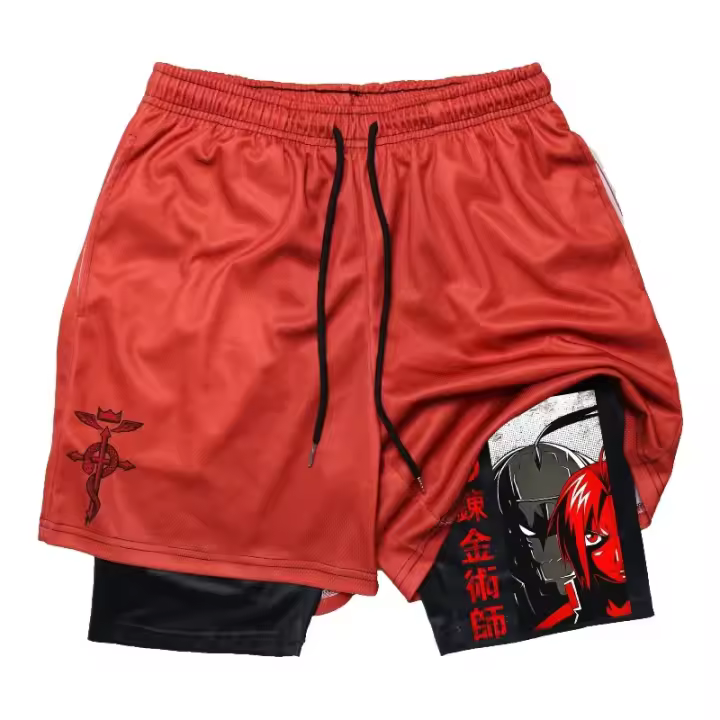 Shorts De Gimnasio Anime Fullmetal Alchemist Para Hombres 2 En 1 Compresión Con Bolsillos 5 Pulgadas Secado Rápido Running Fitness - 1