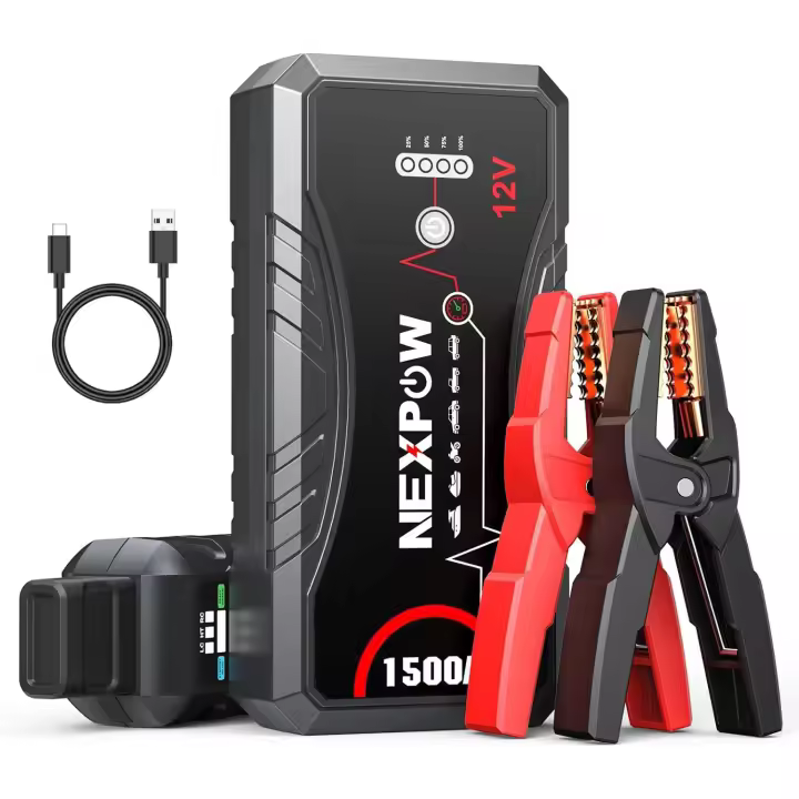 NEXPOW Arrancador de Coches,1500A Arrancador de Baterias de Coche 12V(para 7.0L de Gasolina o 5.5L de Diésel), Carga Rápida QC3.0, Pinzas Inteligentes y Linterna LED - 1