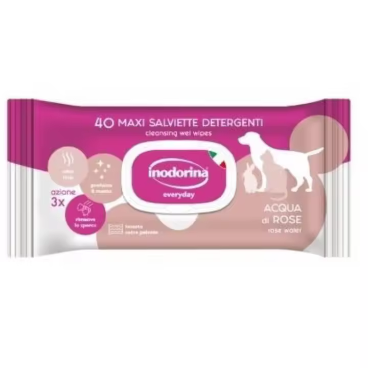 Inodorina 40 Maxi Toallitas Agua de Rosa Perros y Gatos - Frescura y Cuidado - 1