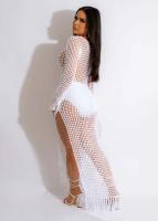 Vestido Midi Bodycon De Encaje Con Borlas Y Manga Larga Para Mujer Estilo Playa Fashion Hollow out Y Abertura Lateral Alta - details 4