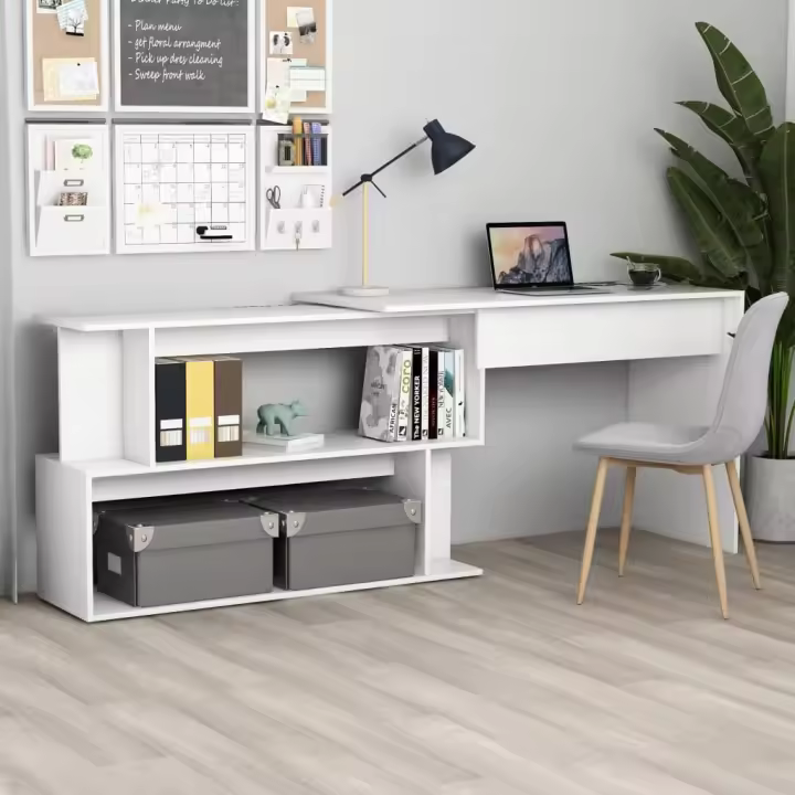 vidaXL Escritorio de esquina madera contrachapada 200x50x76 cm en color Blanco/Blanco brillante/Gris hormigón y más | estructura resistente ideal para salón dormitorio o estudio - 1