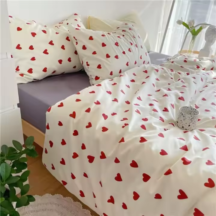 Funda Nórdica Corazón 200x230 Rojo con 2 Fundas de Almohada 48x73 cm - Juego de Cama de Microfibra Rojo y Blanco - Lino - 1