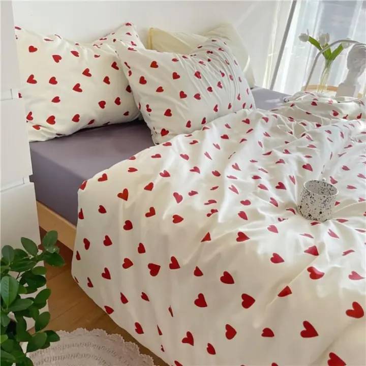 Funda Nórdica Corazón 200x230 Rojo con 2 Fundas de Almohada 48x73 cm - Juego de Cama de Microfibra Rojo y Blanco - Lino - 1