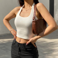Camiseta Sin Mangas Para Mujer Estilo Estadounidense Verano 2024 Fashion Hanging Neck Diseño Casual De Poliéster Corta - details 1