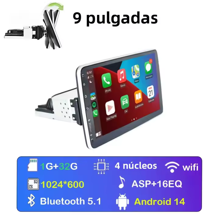 Radio De Coche Android14 9" Rotatable Con Wireless Carplay Y Android Auto Reproductor Multimedia Universal GPS Navegación Estéreo Para Coche - 1