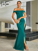 Vestido Elegante De Noche Para Mujer Missord 2024 Verde Hombros Descubiertos Con Rotura Slim Fit Largo Hasta La Rodilla Polyester - details 2