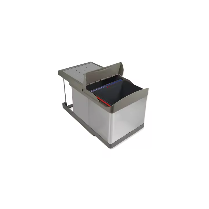 Contenedor de reciclaje para fijación inferior y extracción automática en mueble de cocina 2x16litros, plástico y acero inoxidable - 1