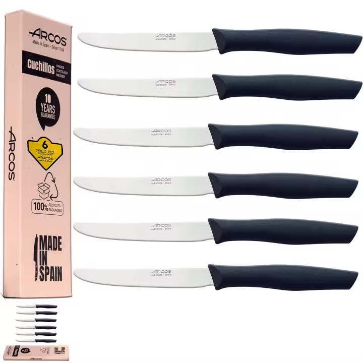 Arcos Juego Cuchillos Carne Cuchillo chuleteros Set cuchillos carne  Cuchillos Carne Cuchillos Mesa  6 Uds  Hoja 110 mm  Acero Inoxidable  Mango Nylon  Apto lavavajillas  Envase Ecológico (Filo Liso) - 1