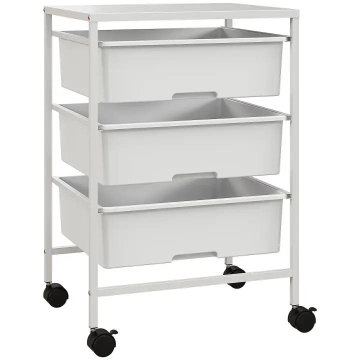 HOMCOM Carrito Auxiliar con Ruedas Carrito de Cocina de 3 Niveles con 3 Cestas para Almacenamiento y Marco de Acero para Comedor Sala Baño 40,8x33,5x60,5 cm Blanco - 1