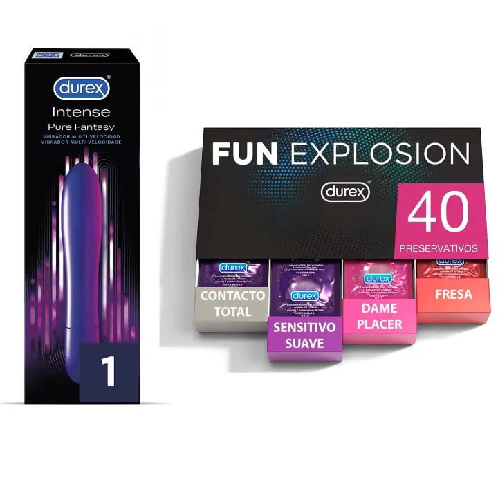 Durex - Lote Fun Explosion, Pack 40 Preservativos + Vibrador Intense Orgasmic Pure Fantasy, Dildo Consolador Clítoris - 1