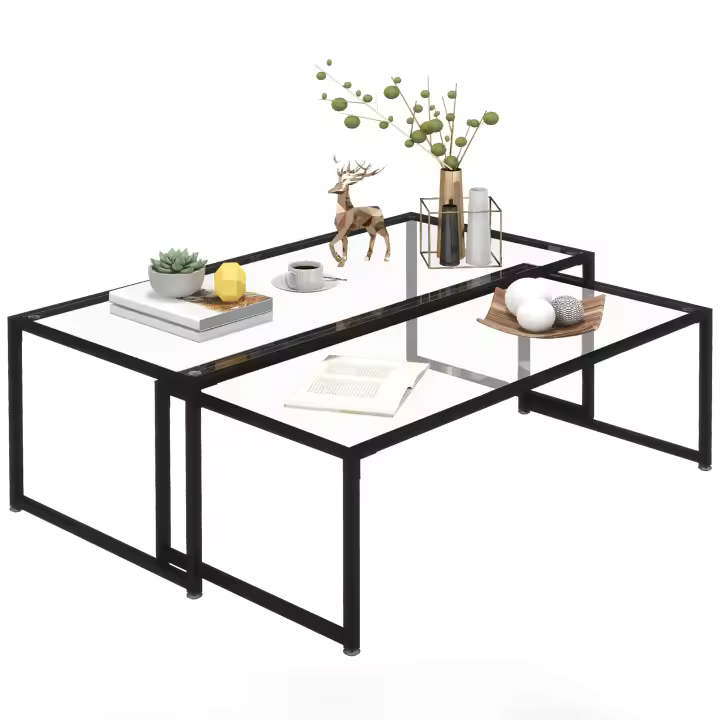 HOMCOM Mesa de Centro Juego de 2 Mesas Auxiliares, Mesa de Centro, Mesa Nido, Mesa de Cristal, Mesa de Sofá, Mesa de Salón para Dormitorio, Vidrio Templado, Acero, Negro - 1