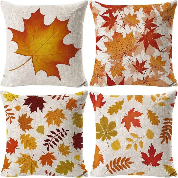 fundas de almohada, funda de almohada de Acción de Gracias, funda de almohada decorativa de 45 x 45 cm, funda de almohada de fiesta de cosecha de lino con hojas de arce para sofá, decoración del hogar - 1