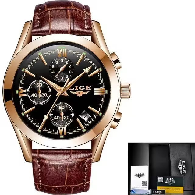 Reloj De Pulsera Deportivo De Lujo Para Hombre LIGE Cuarzo Militar Con Correa De Cuero Premium Impermeable Y Cronógrafo Moda Casual - 1