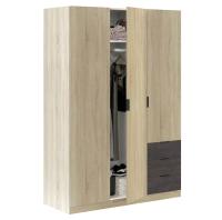 Meimon Armario ropero de 3 puertas con barra de colgar extraíble, 3 cajones inferiores y estantes regulables en altura. Estructura en melamina roble Canadian y tiradores negros. Dimensiones: 180x121x52 cm. Interior blanco. Carga máxima total: 50 kg - details 1