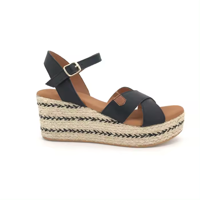 Sandalia Popa para hombre, mod.BENIJO, Sandalia de cuña de esparto con tiras negras de piel - 1