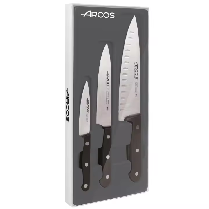 Arcos Conjunto Cuchillos 3 piezas - Acero Inoxidable Nitrum y Hoja mm. Cuchillo cocina profesional cocinar. 590 gr. Mango ergonómico polioximetileno POM. Serie Universal. Mayor control. Color negro. - 1