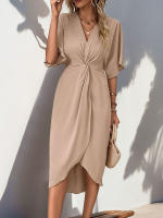 Vestido JIM & NORA 2024 Verano Para Mujer Cintura Alta Elegante Tipo Wrap Cuello En V Midi De Cintura Con Decoración Ruched Estilo Oficina - details 1