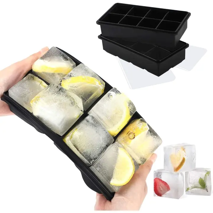 XXL Cubitera de Silicona con Tapa I Bandeja de Hielo I Paquete Doble I Bruto 5x5cm (2 Inch) Cubos de Hielo I -40 – 260°C I BPA – Free (Negro) - 1