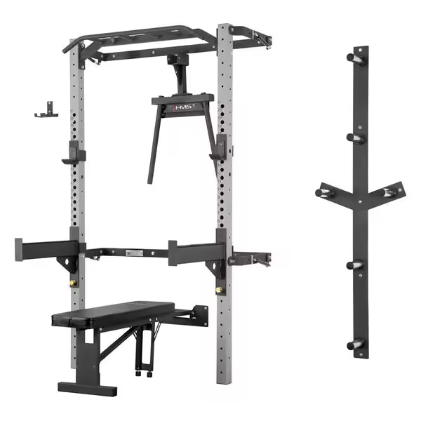 JAULA/ POWER RACK DE PARED PLEGABLE HMS KLT22 CON BANCO Y SOPORTE DE BARRAS Y DISCOS - 1