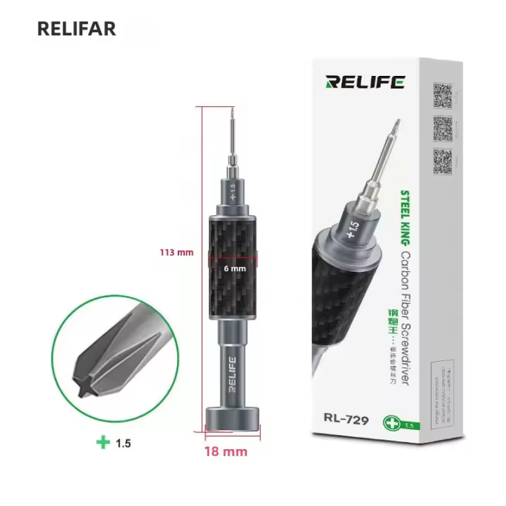 RELIFE RL-729 Set De Destornilladores De Fibra De Carbono Y Acero Para Desmontaje De Cables Y Plugs De Teléfonos Móviles Incluye Destornillador Cannon King Y0.6/0.8/+1.5/+2.5/T1 Con Mango Multifuncional Y Resistente Al Desgaste - 1