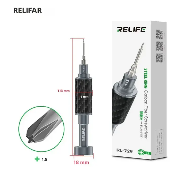 RELIFE RL-729 Set De Destornilladores De Fibra De Carbono Y Acero Para Desmontaje De Cables Y Plugs De Teléfonos Móviles Incluye Destornillador Cannon King Y0.6/0.8/+1.5/+2.5/T1 Con Mango Multifuncional Y Resistente Al Desgaste - 1