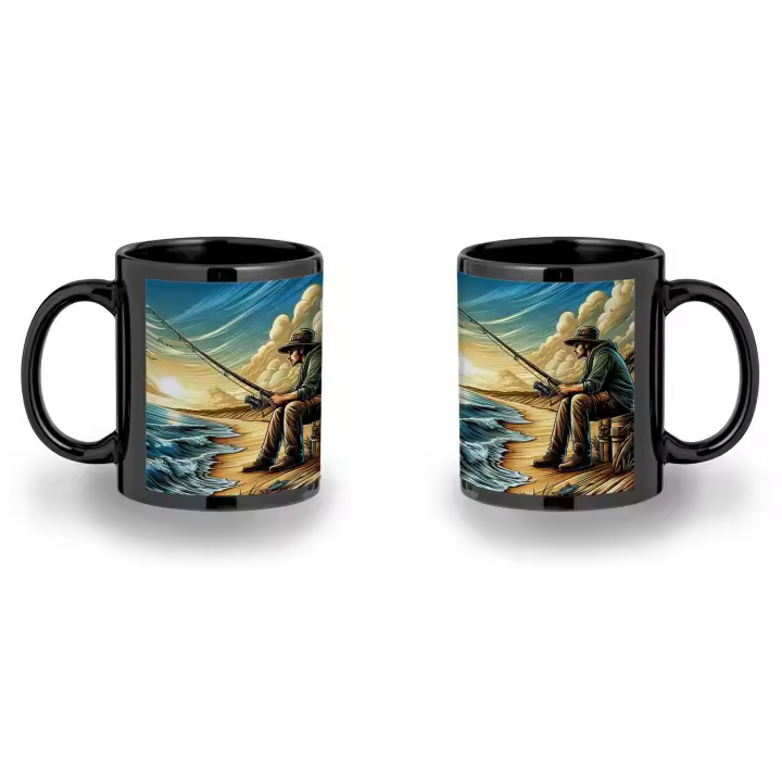 MERCHANDMANIA TAZA COMPLETAMENTE NEGRA atardecer pesca pescador playa agua verano black mug - 1