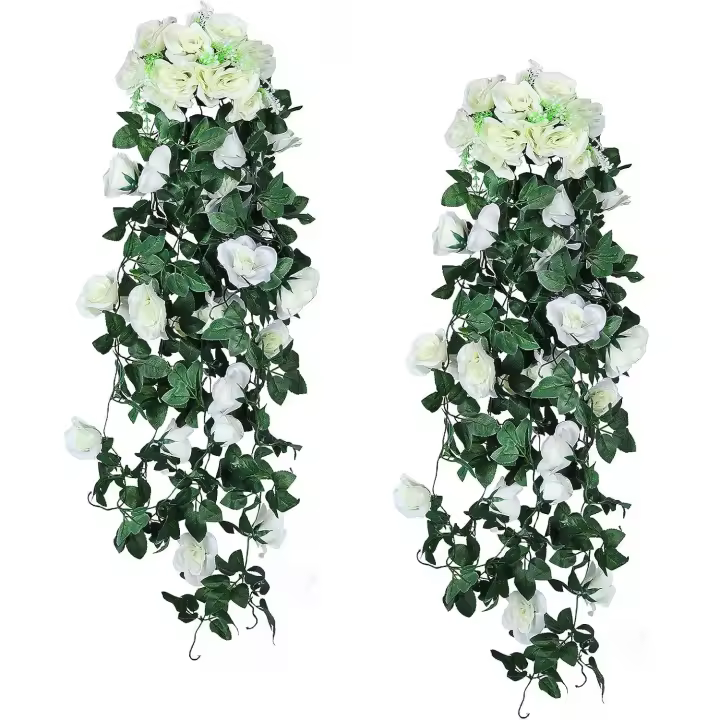Flores colgantes Plantas colgantes artificiales 2 piezas 3,3 pies Rosa artificial Plantas colgantes Decoración de boda interior y exterior (blanco) - 1