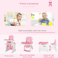 HOMCOM Trona para Bebés 2 en 1 para 6 Meses a 6 Años Transformable en Mesa y Silla Multifuncional Ajustable en 3 Posiciones Respaldo Alto Acolchado con 2 Bandejas Extraíbles 57x59x105 cm - details 3