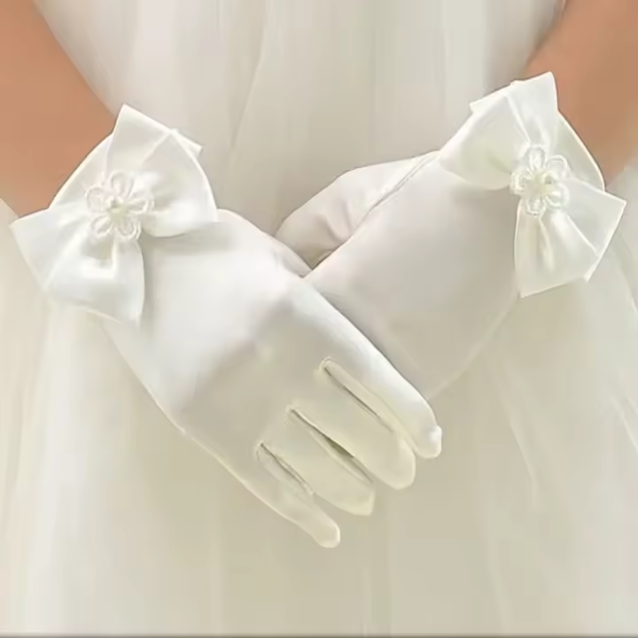 Guantes De Encaje Para Niñas Blancos Con Lazo Guantes De Satén Dulce Para Niños Accesorios De Boda Y Comunión Moda Infantil - 1