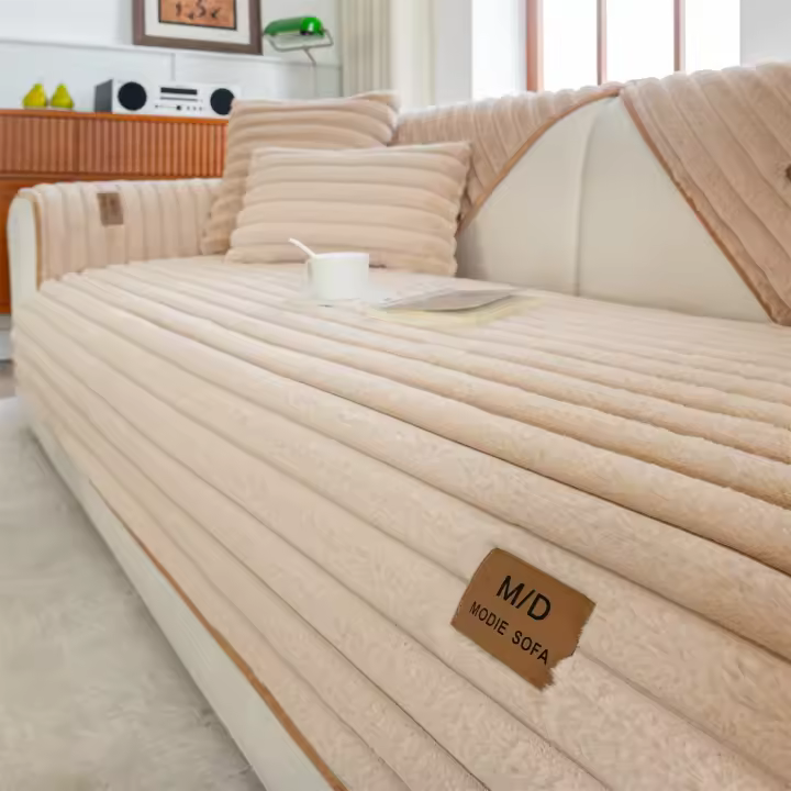 Funda De Sofá De Peluche Imitación De Zorro Con Rayas Antideslizante Cubierta Para Muebles De Sala De Estar Tapete De Cojín - 1