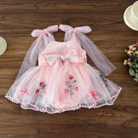 Vestido De Princesa Para Bebé Verano Con Manga Puff Y Gran Lazo Bordado De Fresa Falda Enredadera Para Niñas Ropa De Salir - details 6