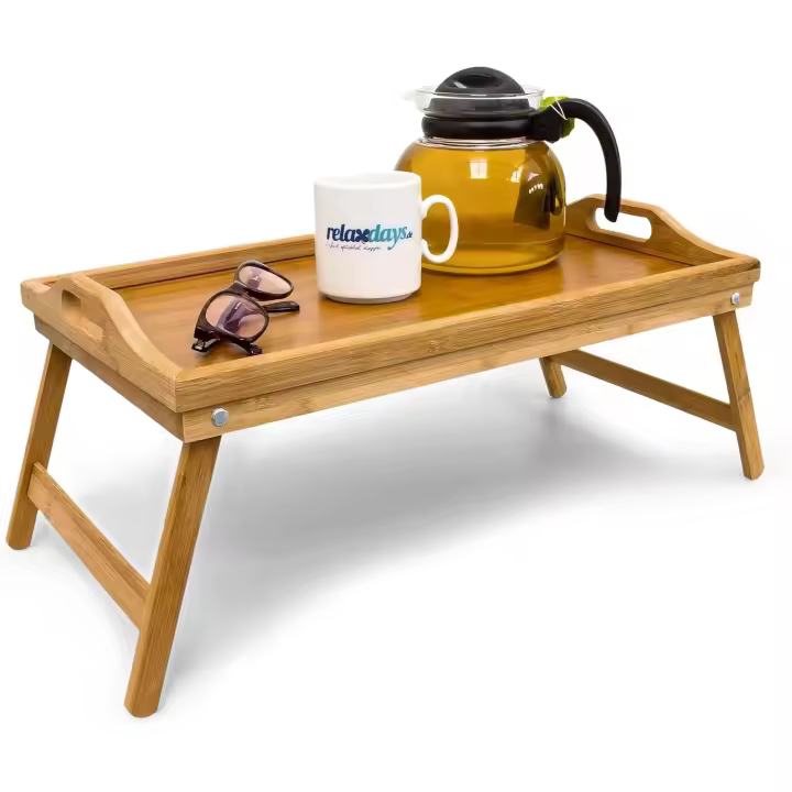 Bandeja para Cama, Mesita Desayuno, con Asas y Pata, Bambú y MDF, 23x60x30 cm, Hogar, Natural, 50x30x23 cm - 1