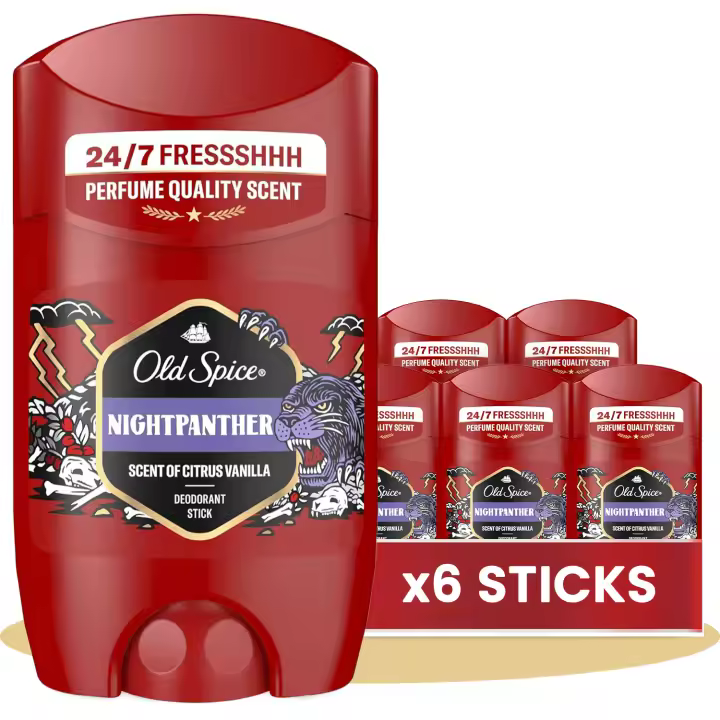 Old Spice Night Panther Pack 6 Desodorante en Barra Para Hombres, Fresco 24 Horas, Ideal para Uso Diario, Perfume Duradero, Sin Aluminio, Fragancia Excepcional a Chocolate Negro y Vainilla, Protección Contra El Mal Olor, 50ml por Barra - 1