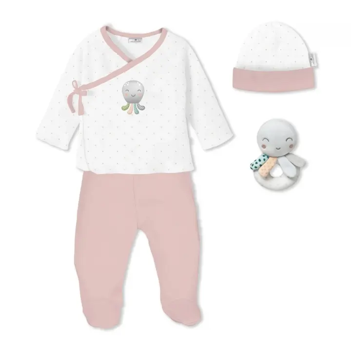 Set de recién nacido Don Algodón - 4 piezas 100% ALGODÓN para tu Bebé 0-6 meses., Confort y Estilo: Gorro, Sonajero, Pantalón y Camiseta Manga Larga. - 1