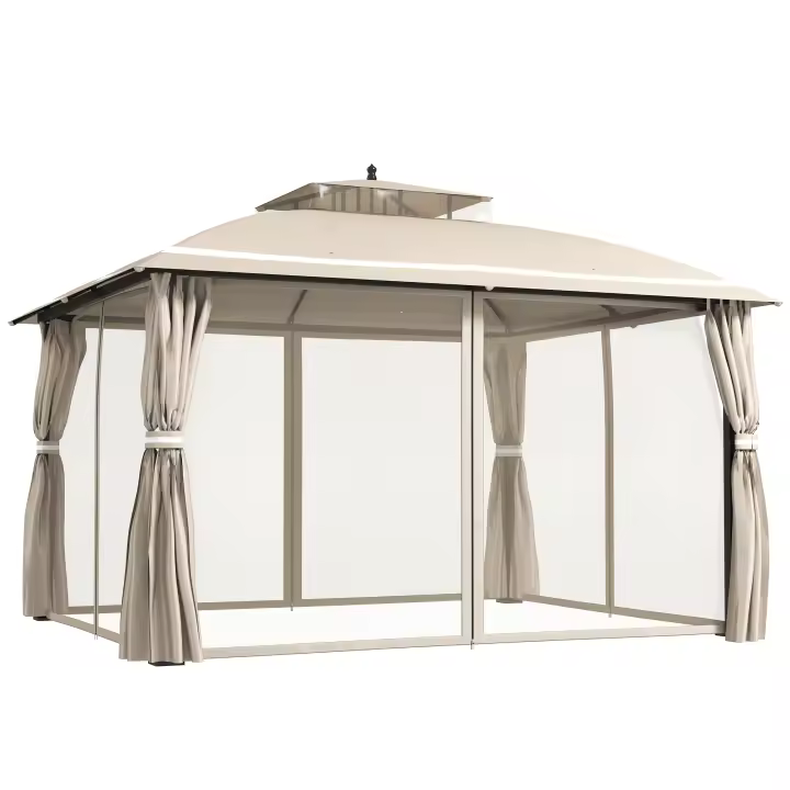 Outsunny Cenador para Jardín 3,7x3 m Pérgola de Jardín Gazebo con Doble Techo Paredes Laterales Mosquiteras Resistente al Agua Anti-UV Carpa para Exterior Terraza Patio Beige - 1