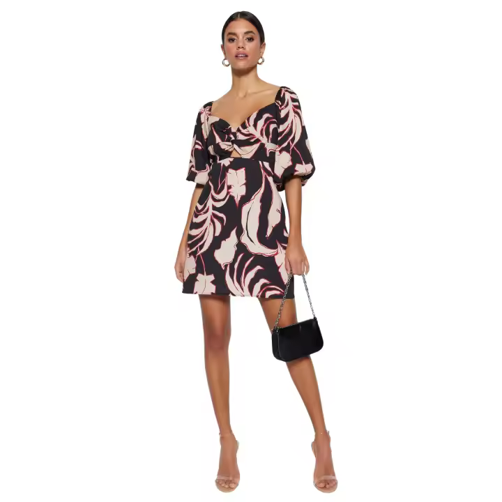 Trendyol Black Straight Cut Mini Cotton Heart Neck Patterned Woven Dress Twoss23El00284 - 1