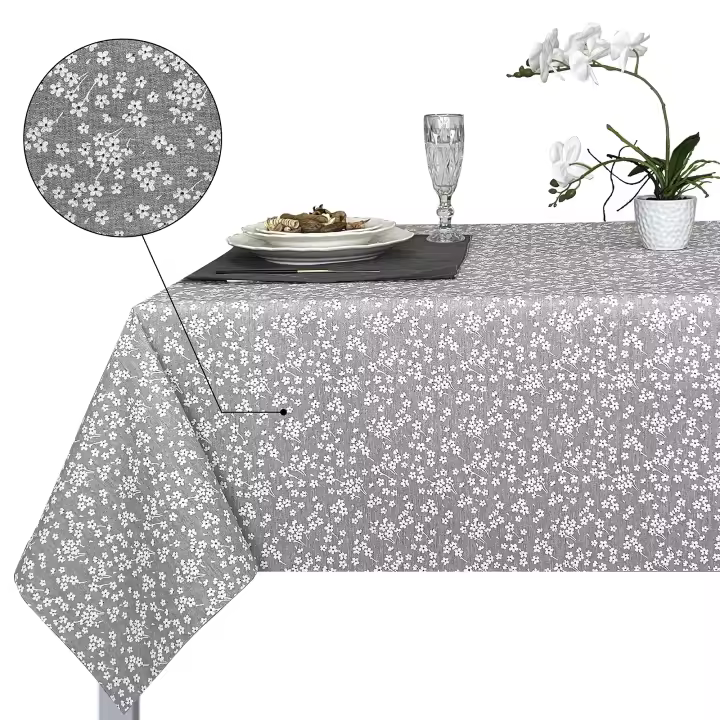 Mantel de tela rectangular, Antimanchas, Fácil de limpiar, Lavable, Impermeable, Ideal para interior y exterior, Flores, Beig, Gris. - 1