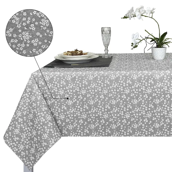Mantel de tela rectangular, Antimanchas, Fácil de limpiar, Lavable, Impermeable, Ideal para interior y exterior, Flores, Beig, Gris. - 1