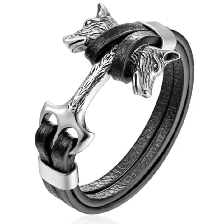 Pulsera Cabezas de Lobo Diseño Hecho en Piel Auténtica y Acero Inoxidable Lobos para Hombre y Mujer Amuleto - 1
