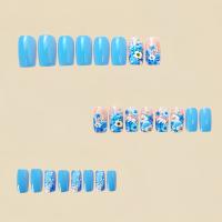24pcs/set Uñas Postizas Largas Medias Falsas De Cuadrado Ballet Con Flores Y Mariposa Azul Verde Para La Temporada De Primavera Y Verano - details 25