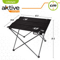 Aktive - Mesa plegable camping de tela, color negro, 61x50x51 cm, uso exterior, tablero removible, estructura plegable, soporta 30 kg, estructura de acero, tablero de poliéster, topes antivuelco, 2 posavasos con rejilla, incluye bolsa, mesa portátil - details 5