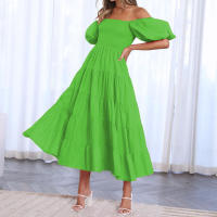 BAMBOOBOY Vestido Largo De Verano Para Mujer Hombros Descubiertos Color Sólido Manga Corta Puff Cuello Abierto A-Line Cintura Alta Midi Sundress - details 11