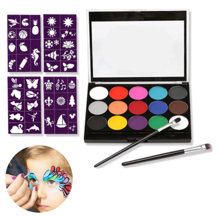BIT Body Maquillaje Infantil Colores, Paleta de Maquillaje de 15 Colores 2 Rotuladores + 4 Plantillas Set de Pinturas Faciales Infantiles para Fiestas Infantiles y Pintacaras de Carnaval