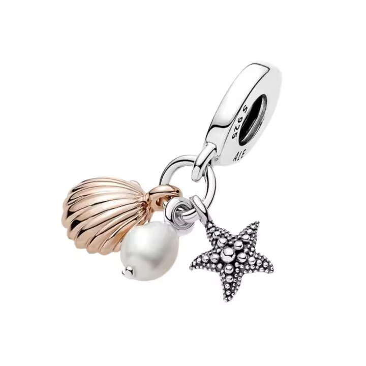 Charm Colgante PANDORA Triple Perla Cultivada de Agua Dulce, Estrella de Mar y Concha en Plata de Ley S925 (sin caja Pandora) - 1